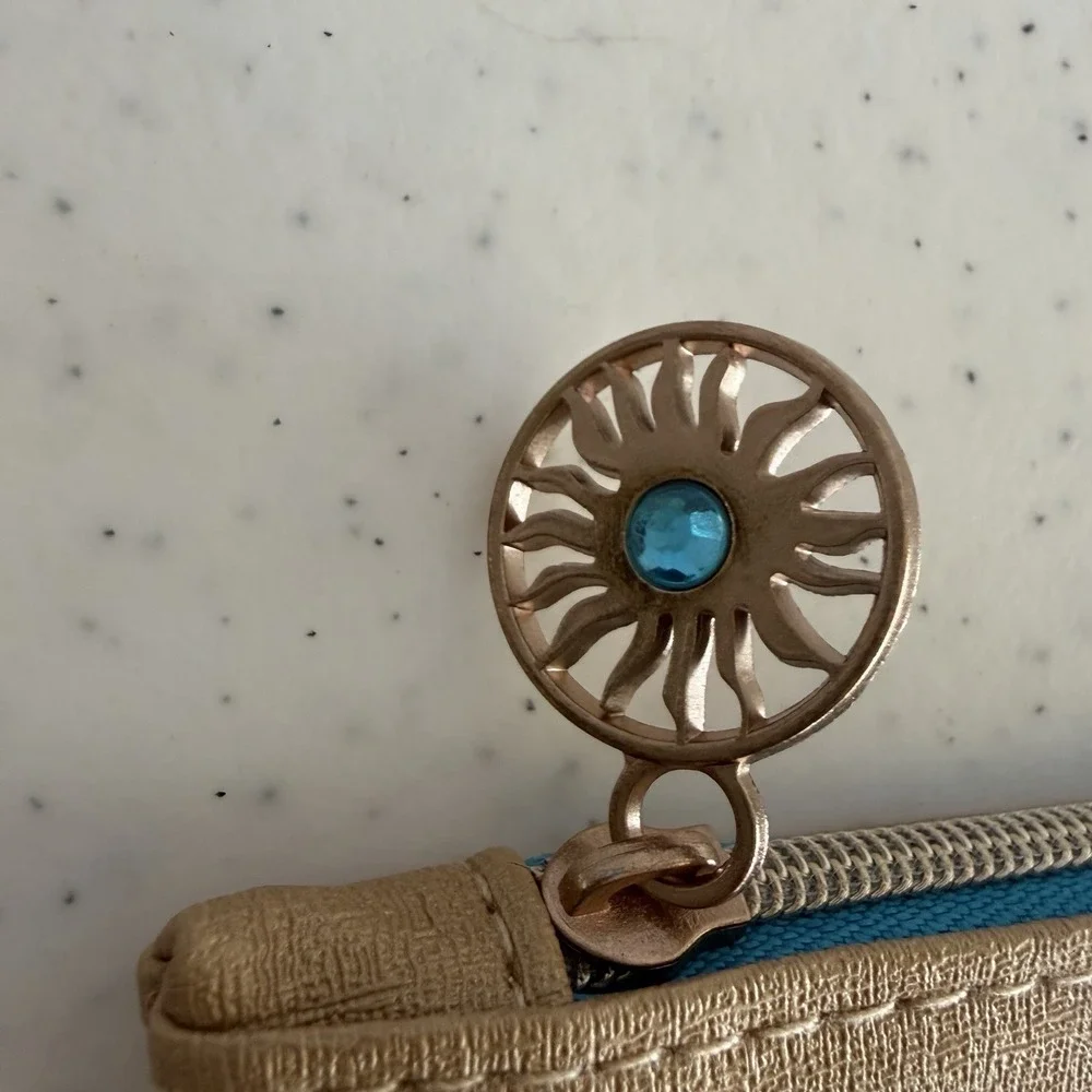 Ipsy Stay Golden Metallic Gold Makeup Bag Turquoise Lining Sun Zipper Pull Pouch